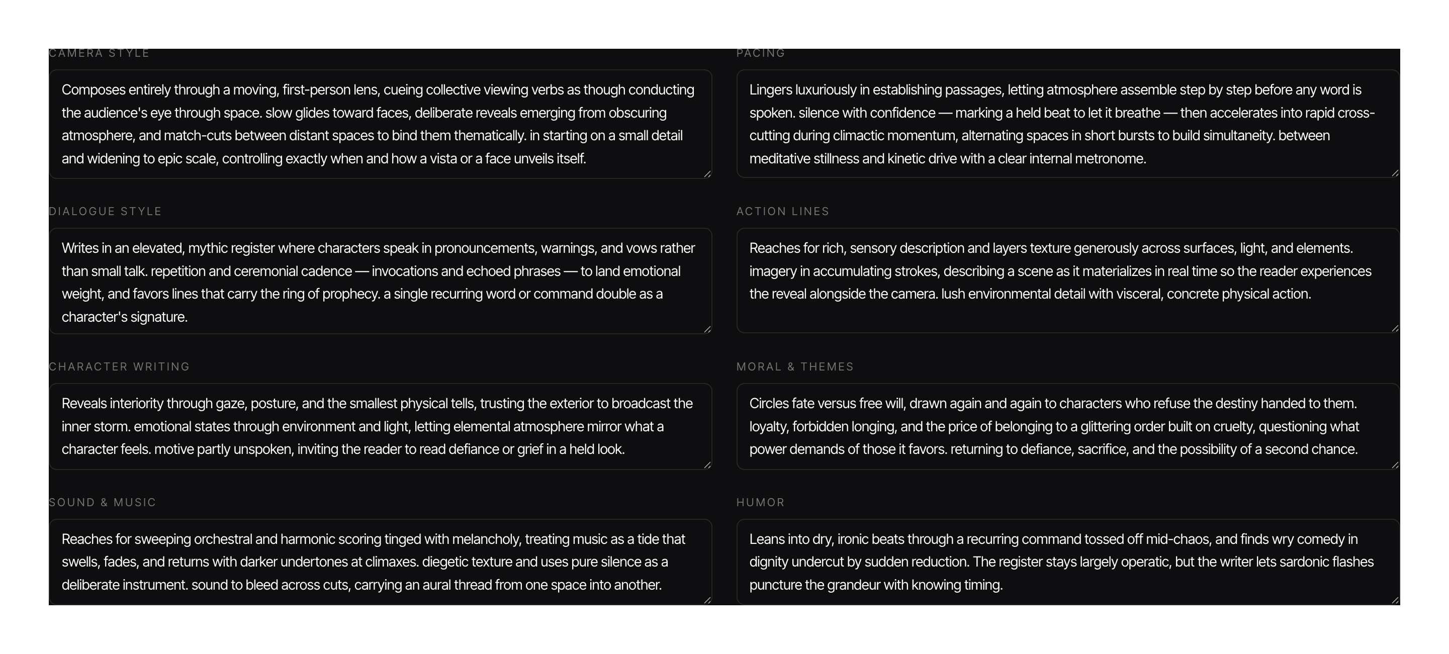 The FIRSTVERSE Voice Analysis: eight fields describing how this writer writes