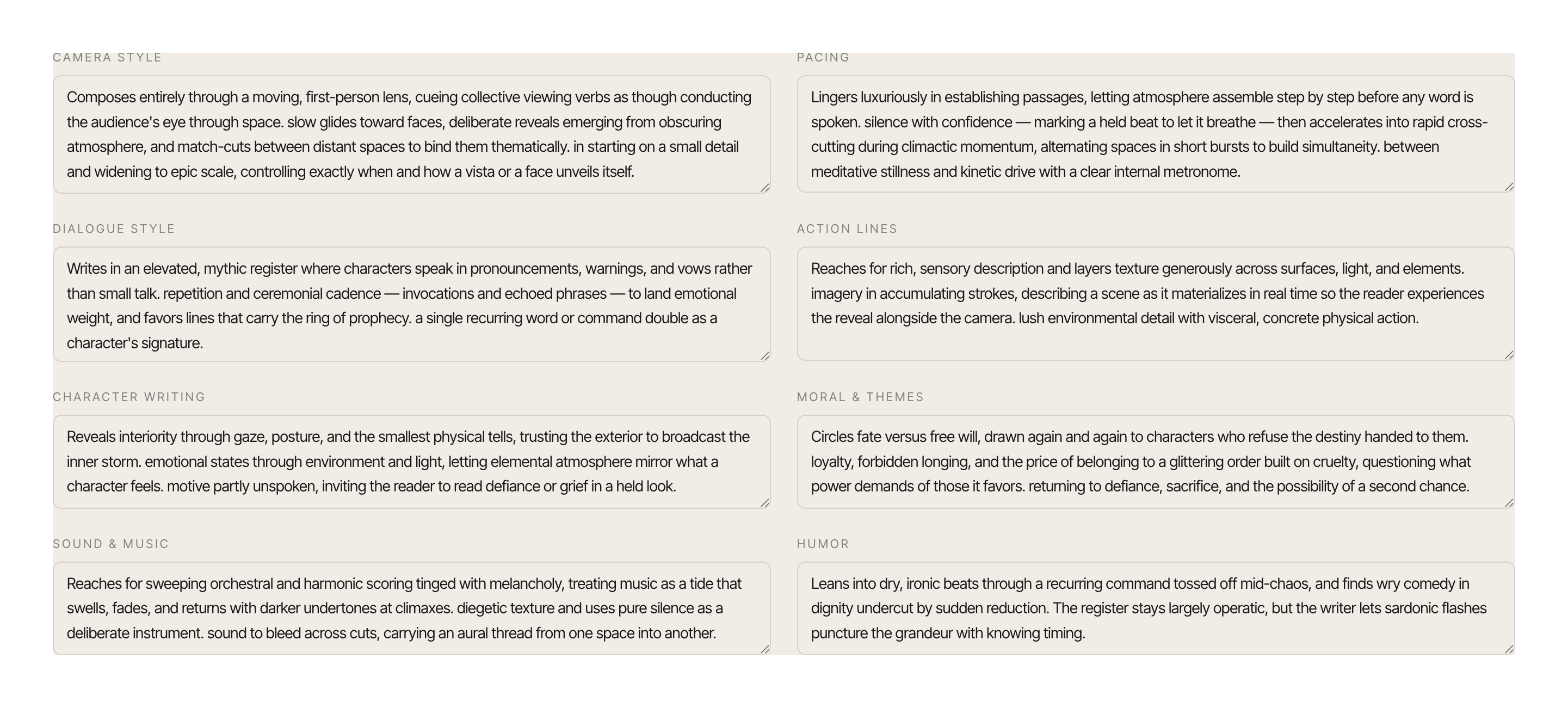 The FIRSTVERSE Voice Analysis: eight fields describing how this writer writes