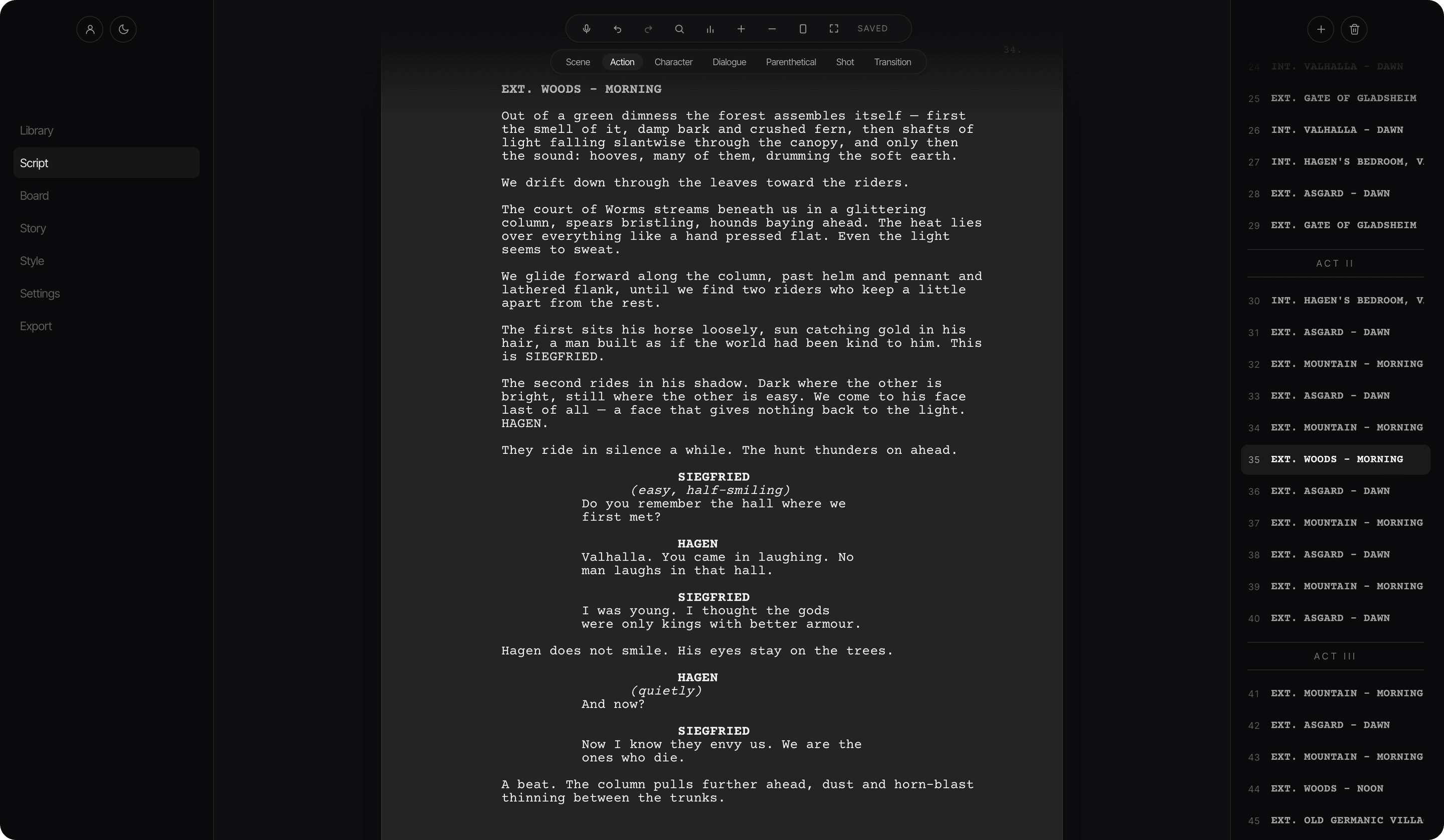 The FIRSTVERSE Script Editor holding the drafted page of the same scene