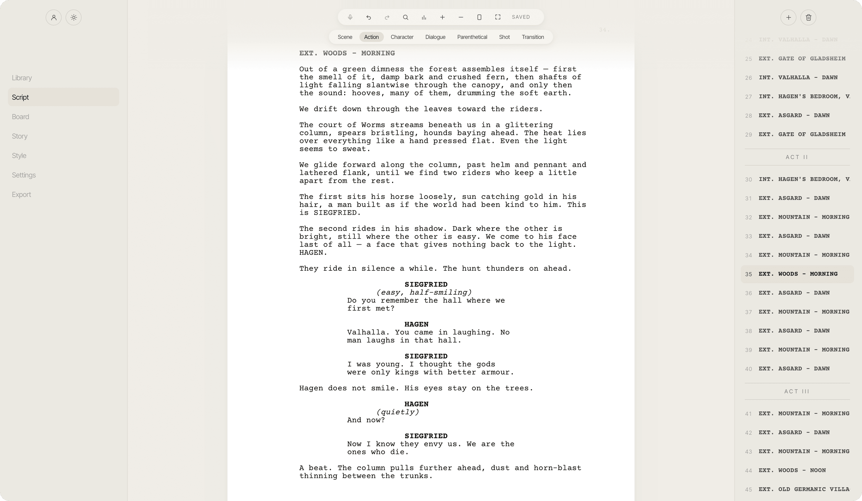 The FIRSTVERSE Script Editor holding the drafted page of the same scene